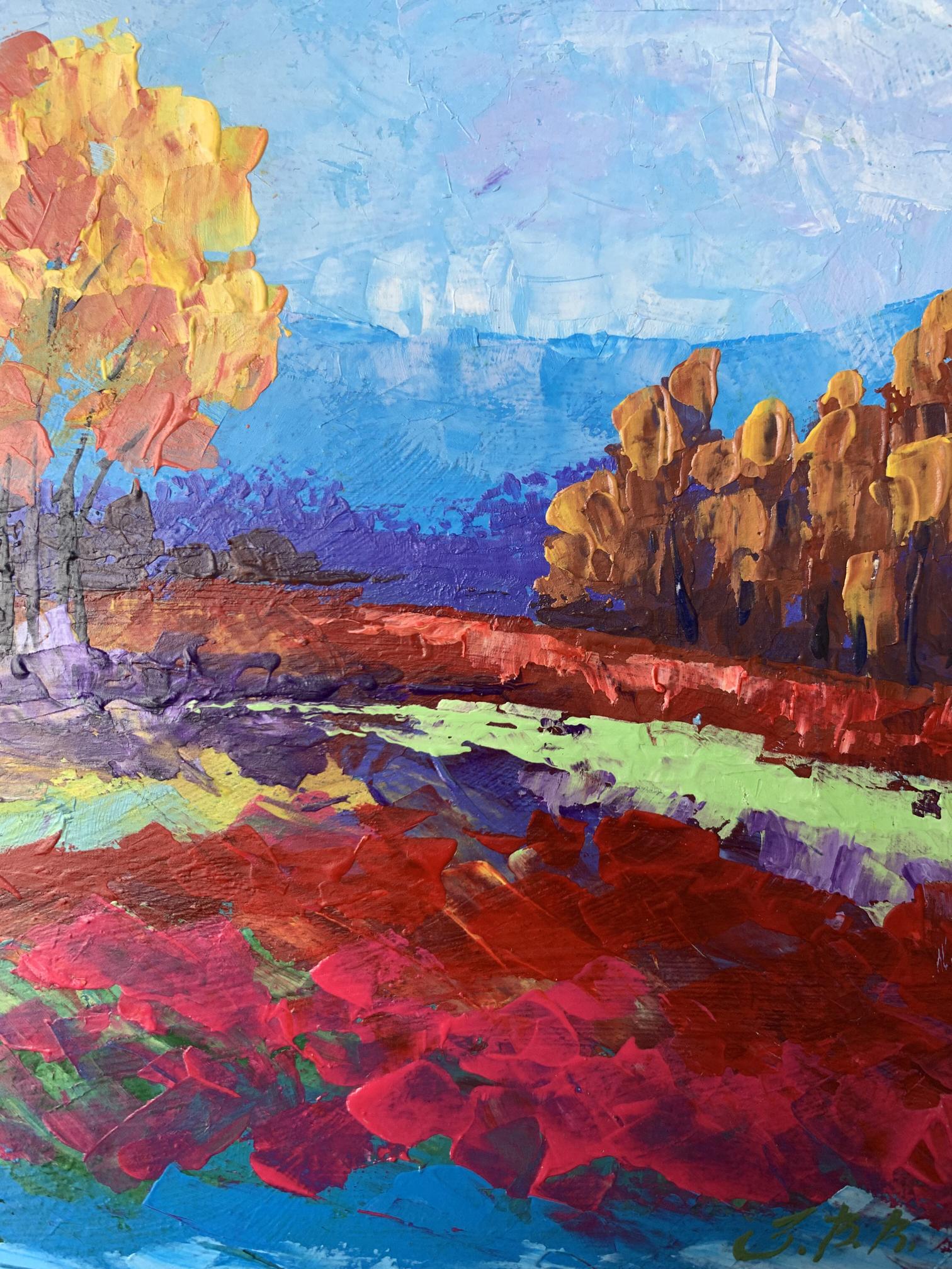 Vibrant impressionist oil painting Autumn lonely tree by V. Zadorozhnya