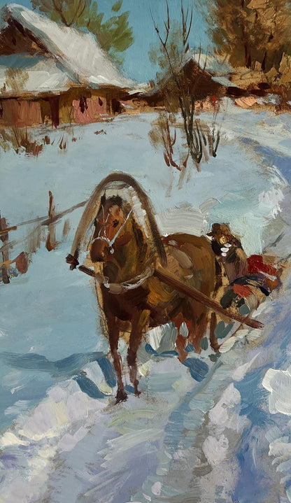 Oil painting of brown horse with harness pulling sled in snowy landscape by Yuriy Suprunchuk