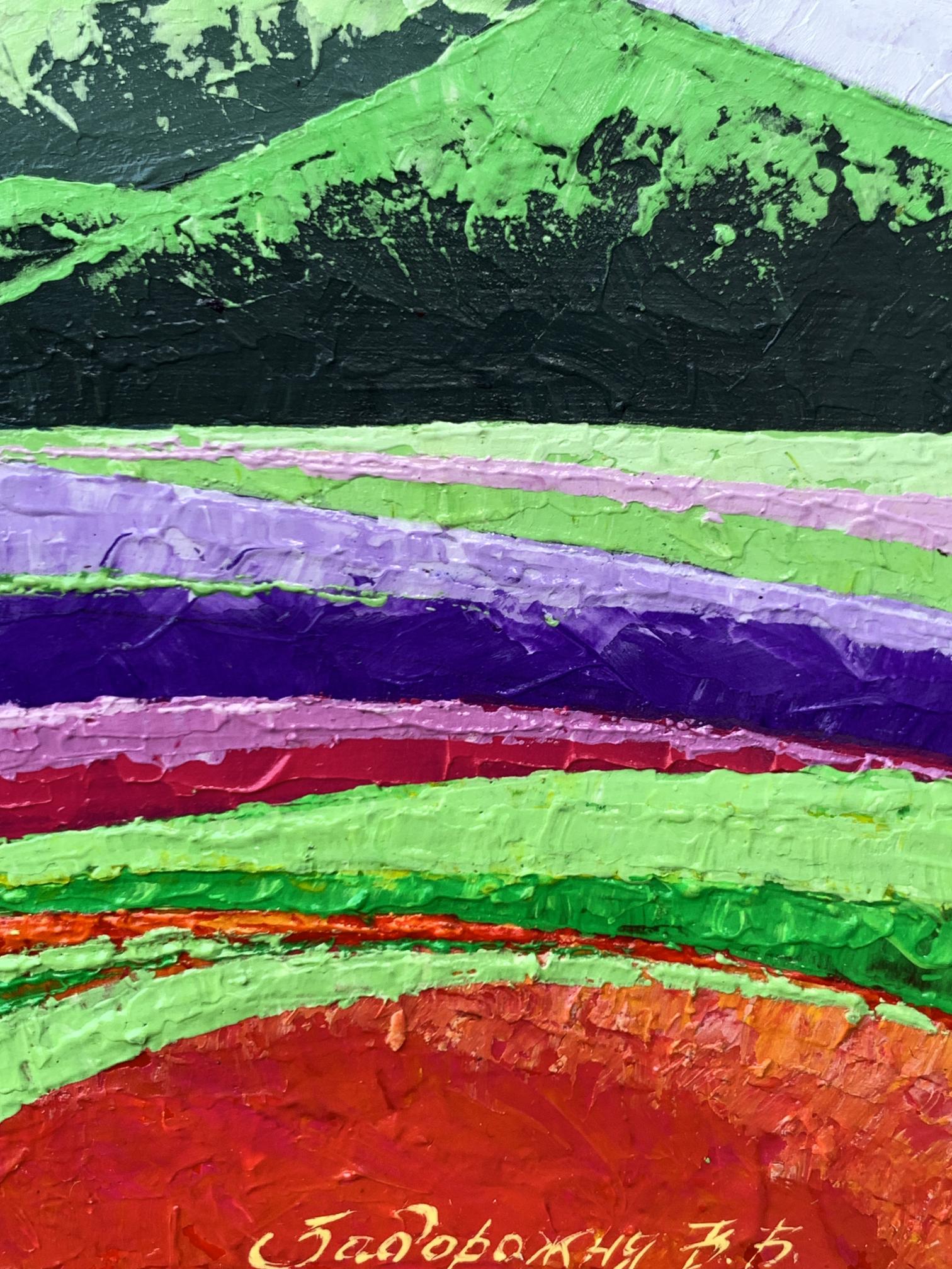 Vibrant oil painting of high green mountains by V. Zadorozhnya