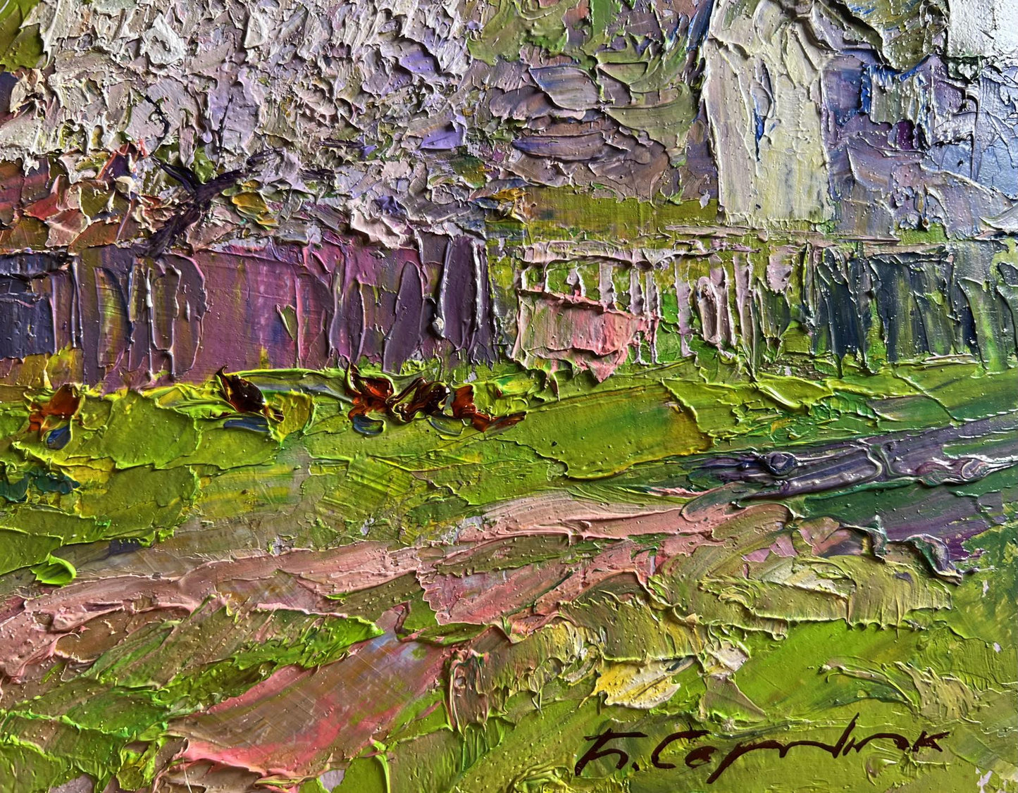 Oil painting of cherry blossoms by Boris Serdyuk with vibrant impasto strokes