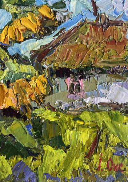 Vibrant impressionist oil painting of sunflowers near house by Oksana Ivanyuk