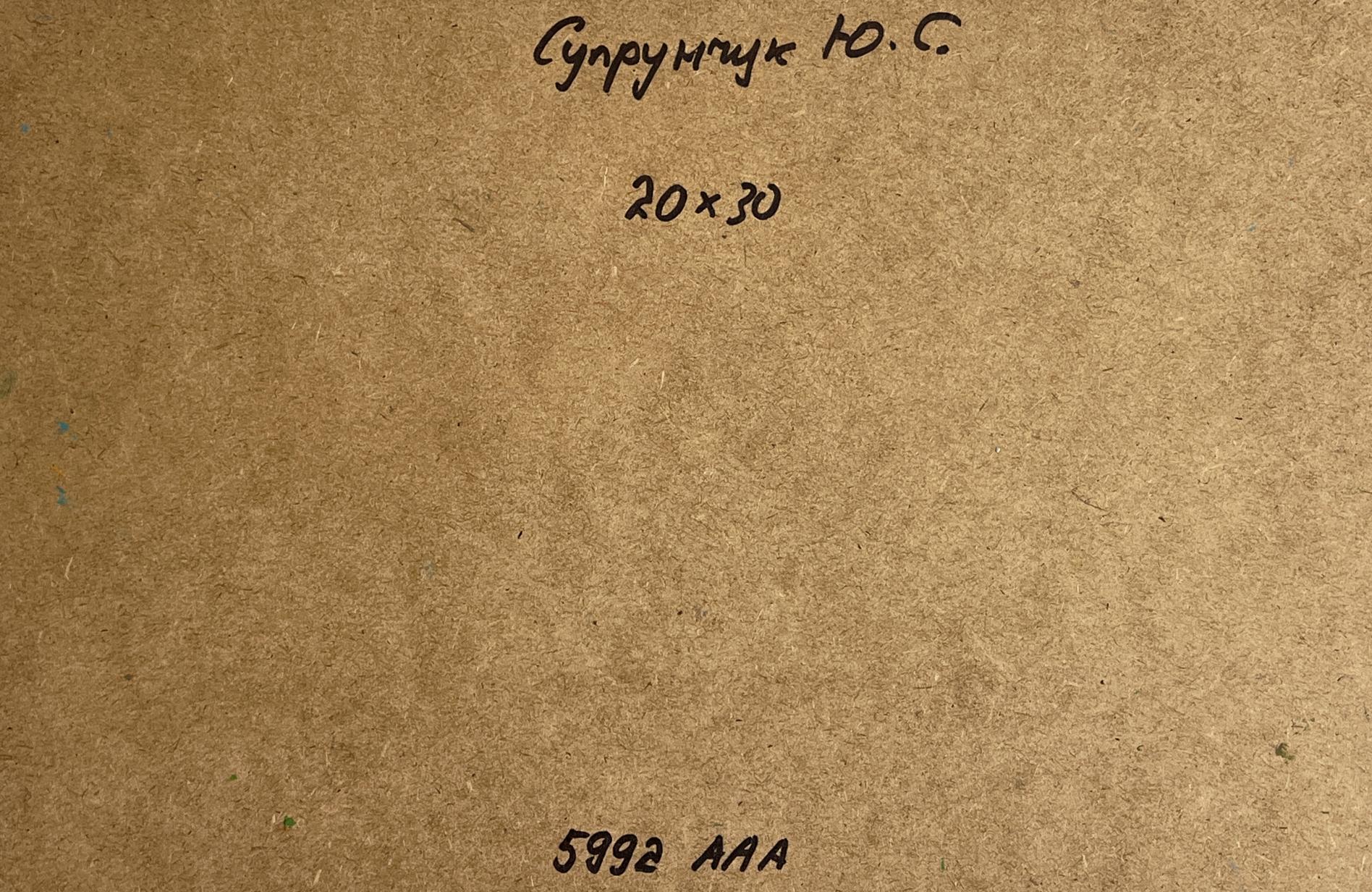 Back of Yuriy Suprunchuk oil painting Road to the mountains with brown cardboard Cyrillic text and measurements