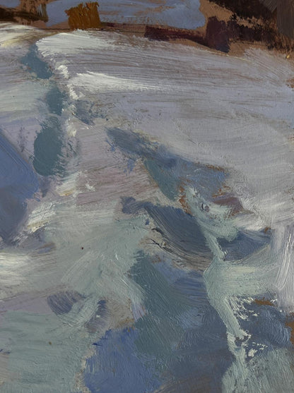 Large oil painting of snow drifts by Yuriy Suprunchuk in white, gray, blue tones