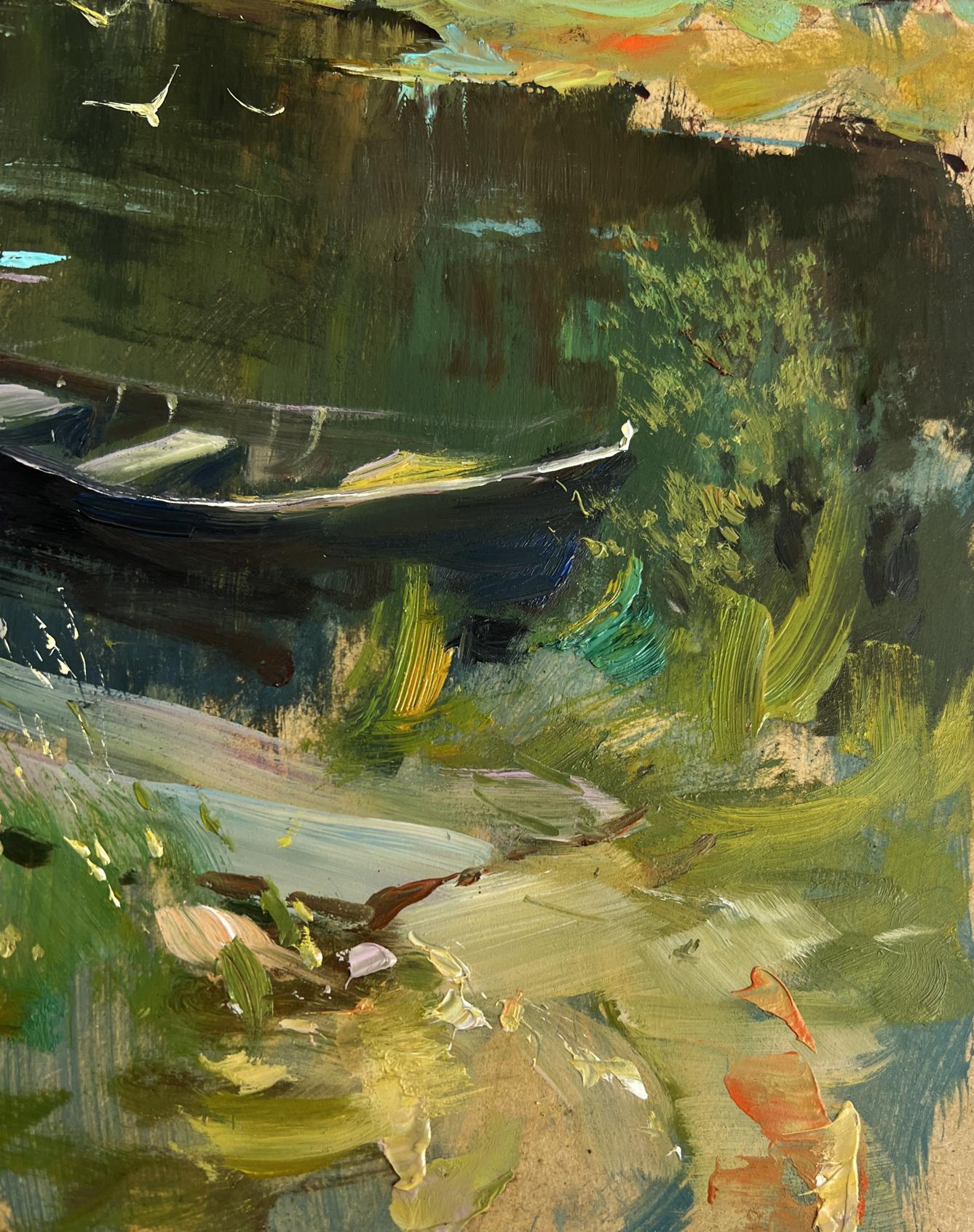 Oil painting of lonely dark blue rowboat by river by Yuriy Suprunchuk