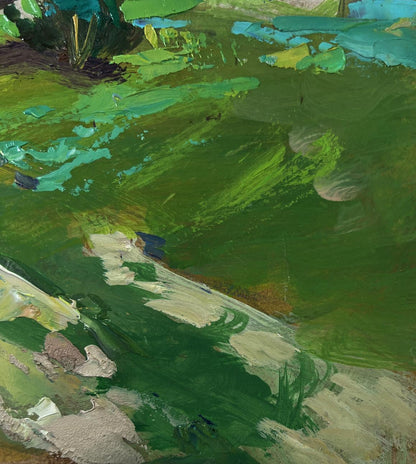 Vibrant oil painting by Yuriy Suprunchuk: path to rural field in green teal tones