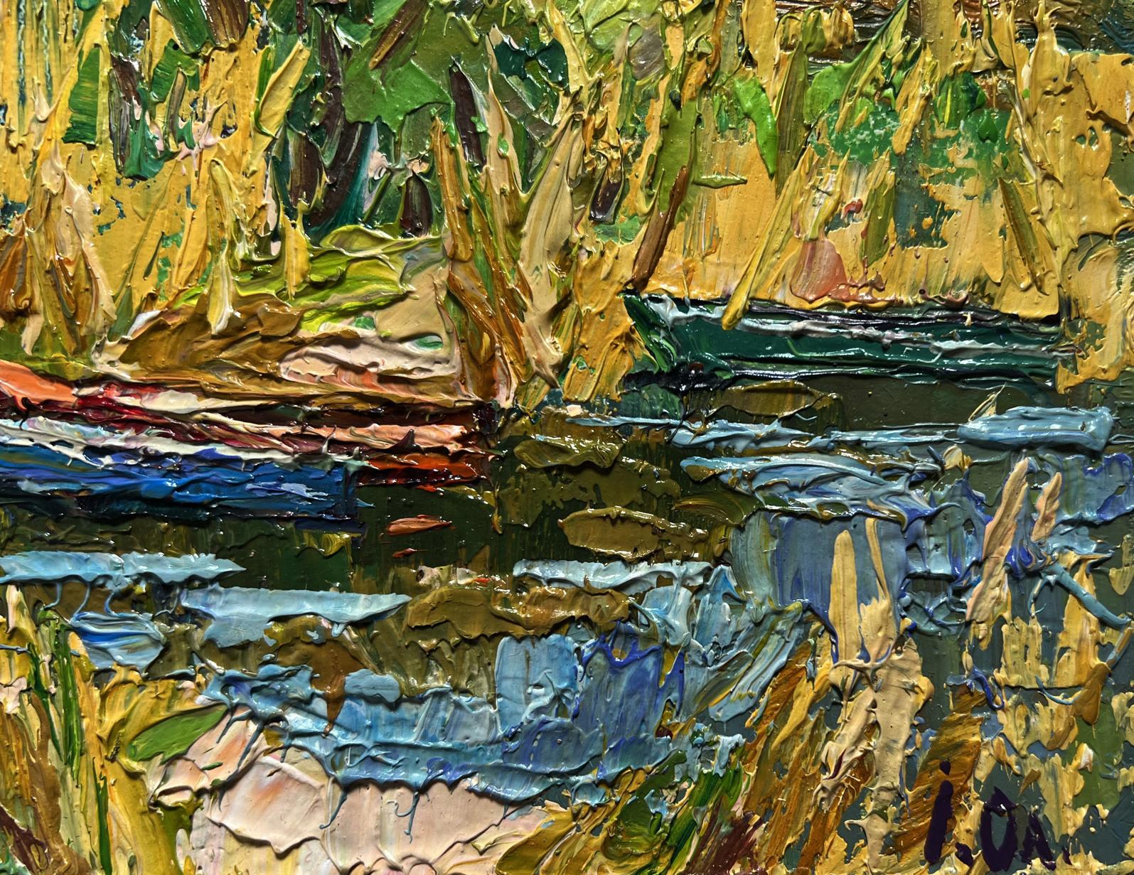 Impasto oil painting Boats on the shore by Oleksiy Ivanyuk river scene