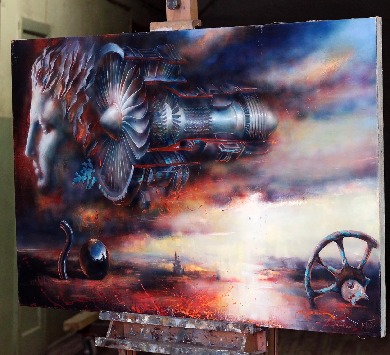 Surreal oil painting Turbine by Alexander Dobrodiy: jet engine fused with statue