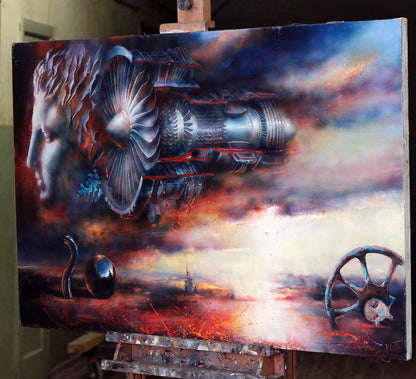 Surreal oil painting Turbine by Alexander Dobrodiy: jet engine fused with statue