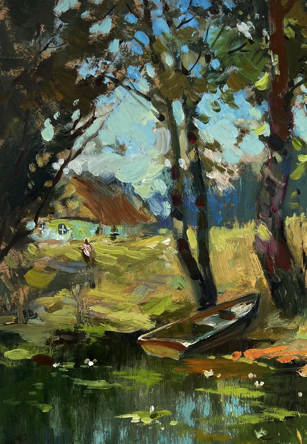 Oil painting of rustic wooden rowboat on calm green water by Yuriy Suprunchuk