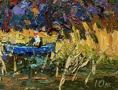 Vibrant impressionist oil painting by Oksana Ivanyuk: boat among reeds