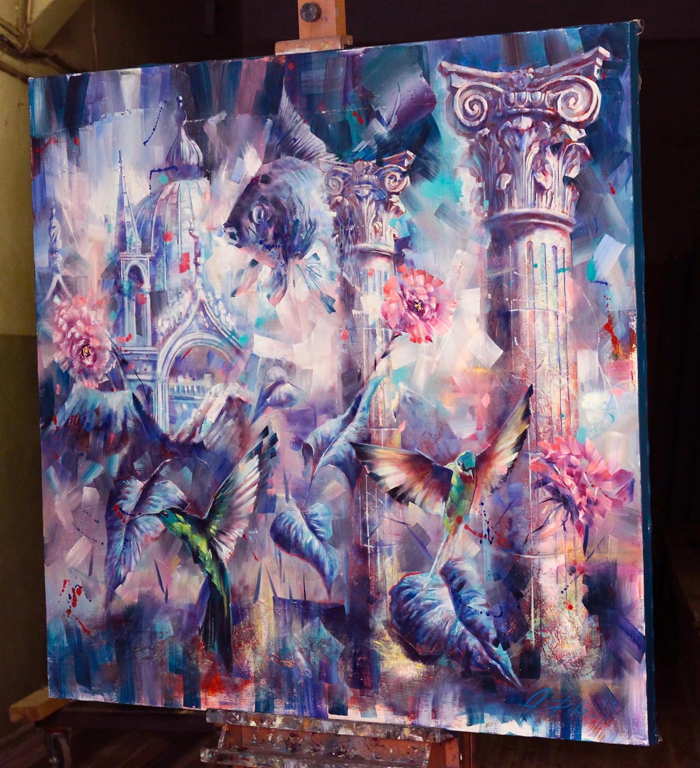 Oil painting Bluebirds by Alexander Dobrodiy with columns, hummingbirds, flowers