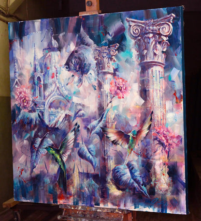 Oil painting Bluebirds by Alexander Dobrodiy with columns, hummingbirds, flowers