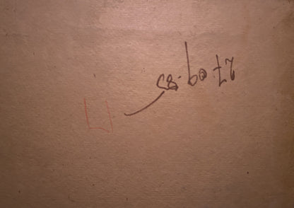 Back of Nikolay Rabotyagov oil painting with faint black handwritten markings on beige textured wall