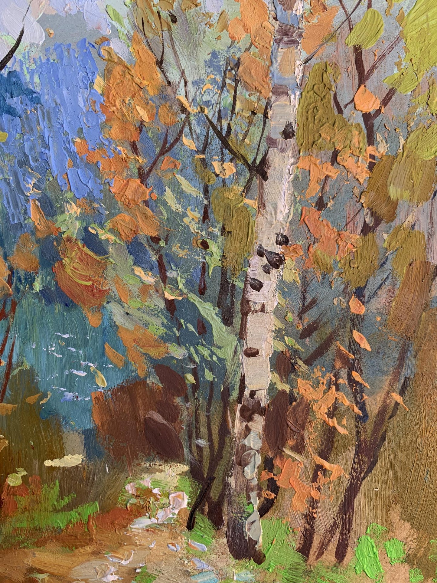 Oil painting Autumn birch grove by Yuriy Suprunchuk impressionist textured art