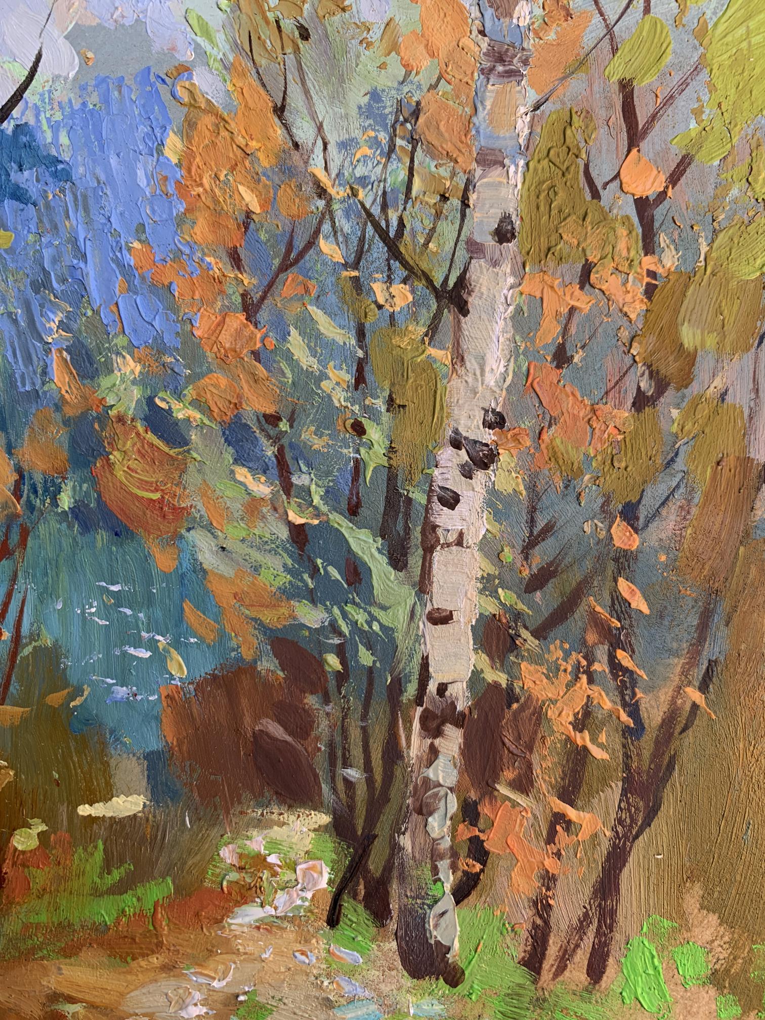 Oil painting Autumn birch grove by Yuriy Suprunchuk impressionist textured art