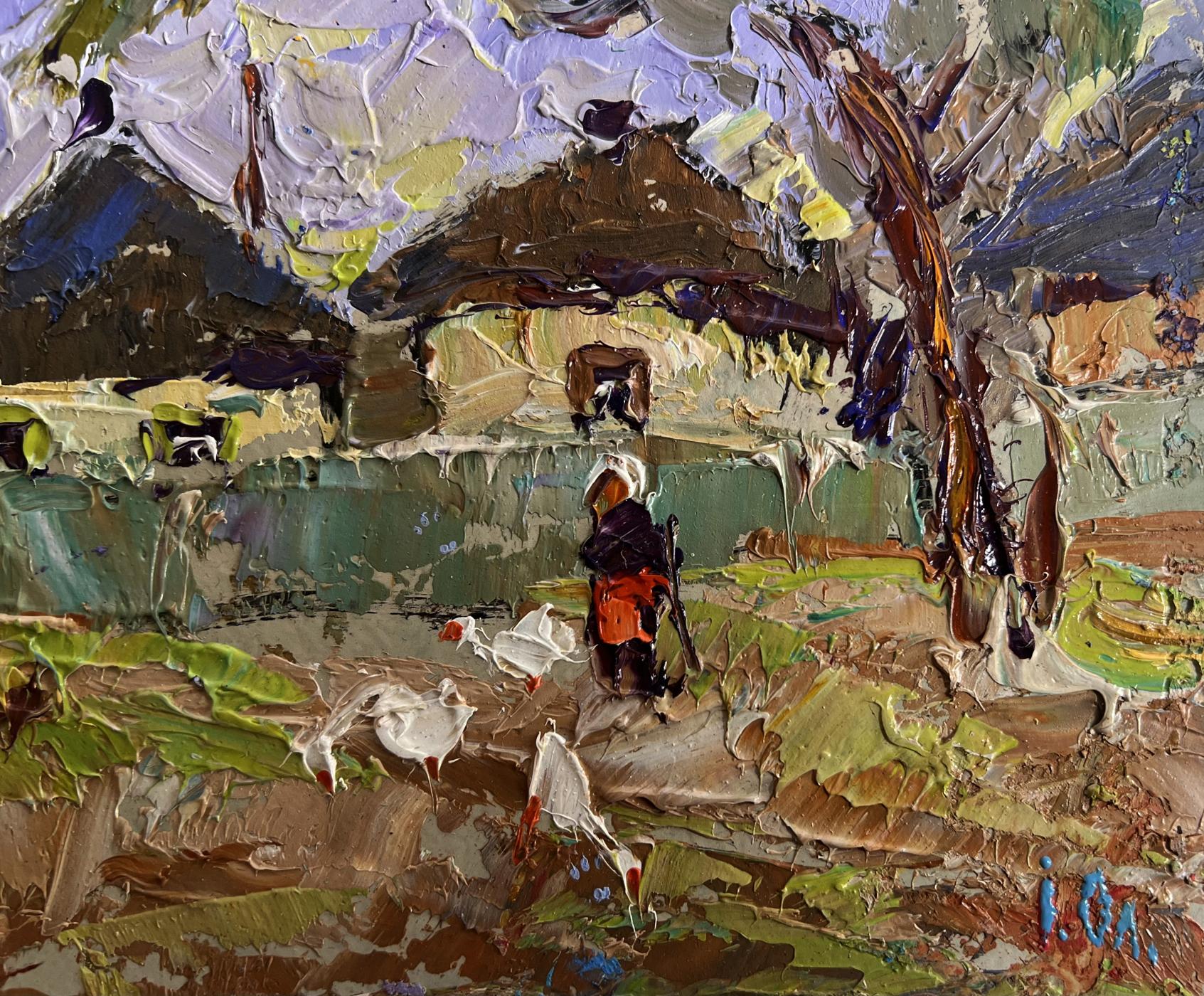 Impasto oil painting Alley in the village by Oleksiy Ivanyuk with red figure and geese
