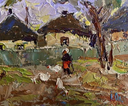 Impasto oil painting Alley in the village by Oleksiy Ivanyuk with red figure and geese