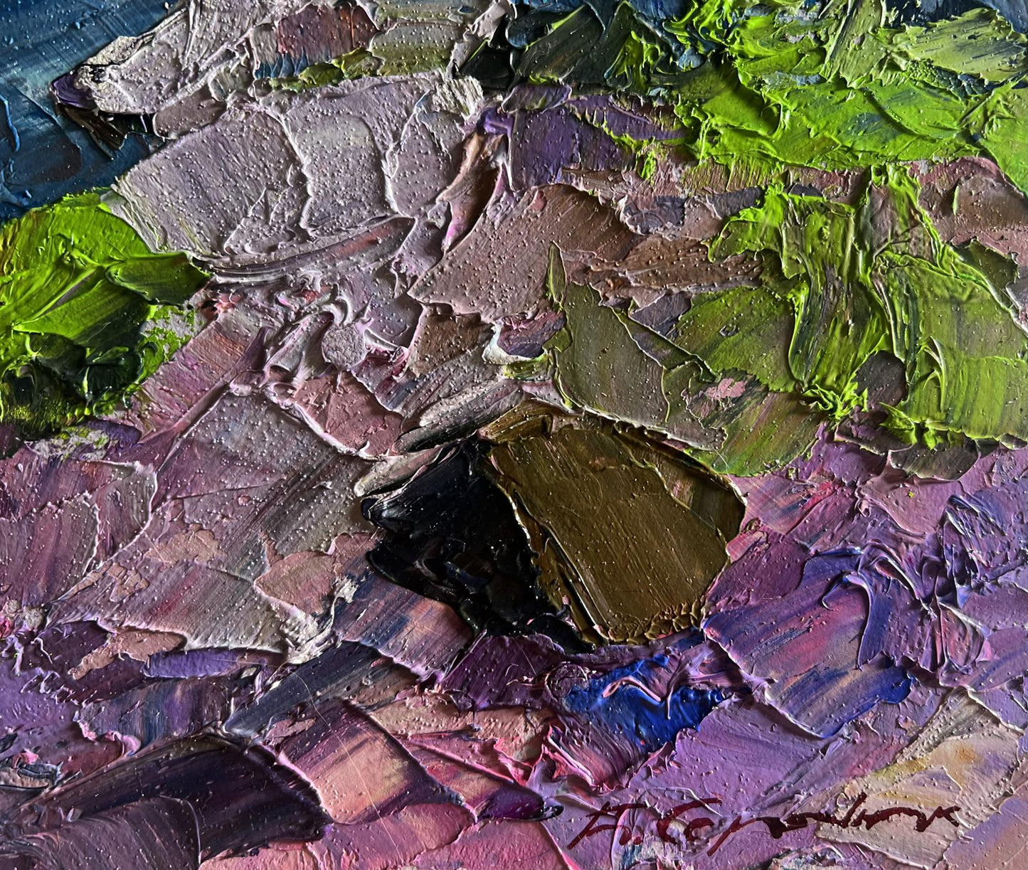 Oil painting Path in the forest by Boris Serdyuk, textured green purple brown
