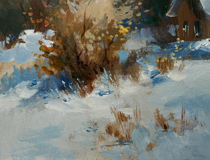 Oil painting of snowy landscape with autumn trees and rustic house by Yuriy Suprunchuk