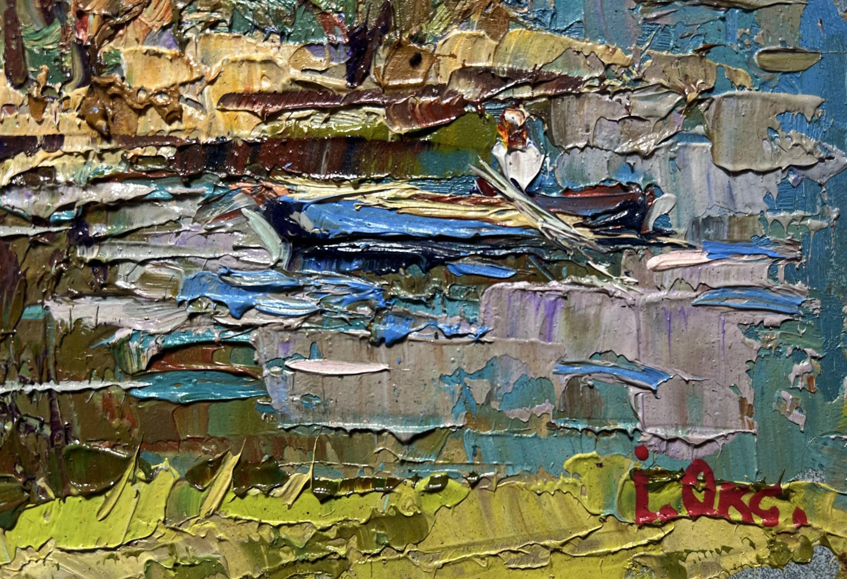 Textured impasto oil painting of boat outside city by Oksana Ivanyuk