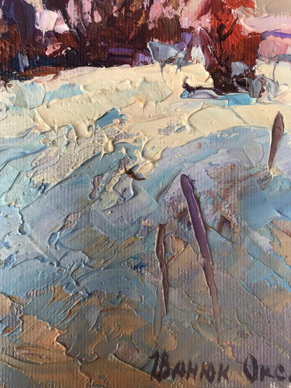 Oil painting Winter distance by Oksana Ivanyuk with cream blue purple layers