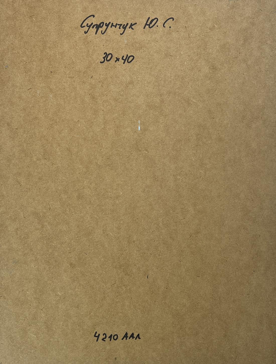 Back of Oil painting A moment of silence by the river Yuriy Suprunchuk on brown cardboard with Cyrillic text