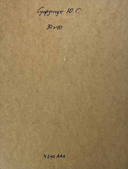 Back of Oil painting A moment of silence by the river Yuriy Suprunchuk on brown cardboard with Cyrillic text