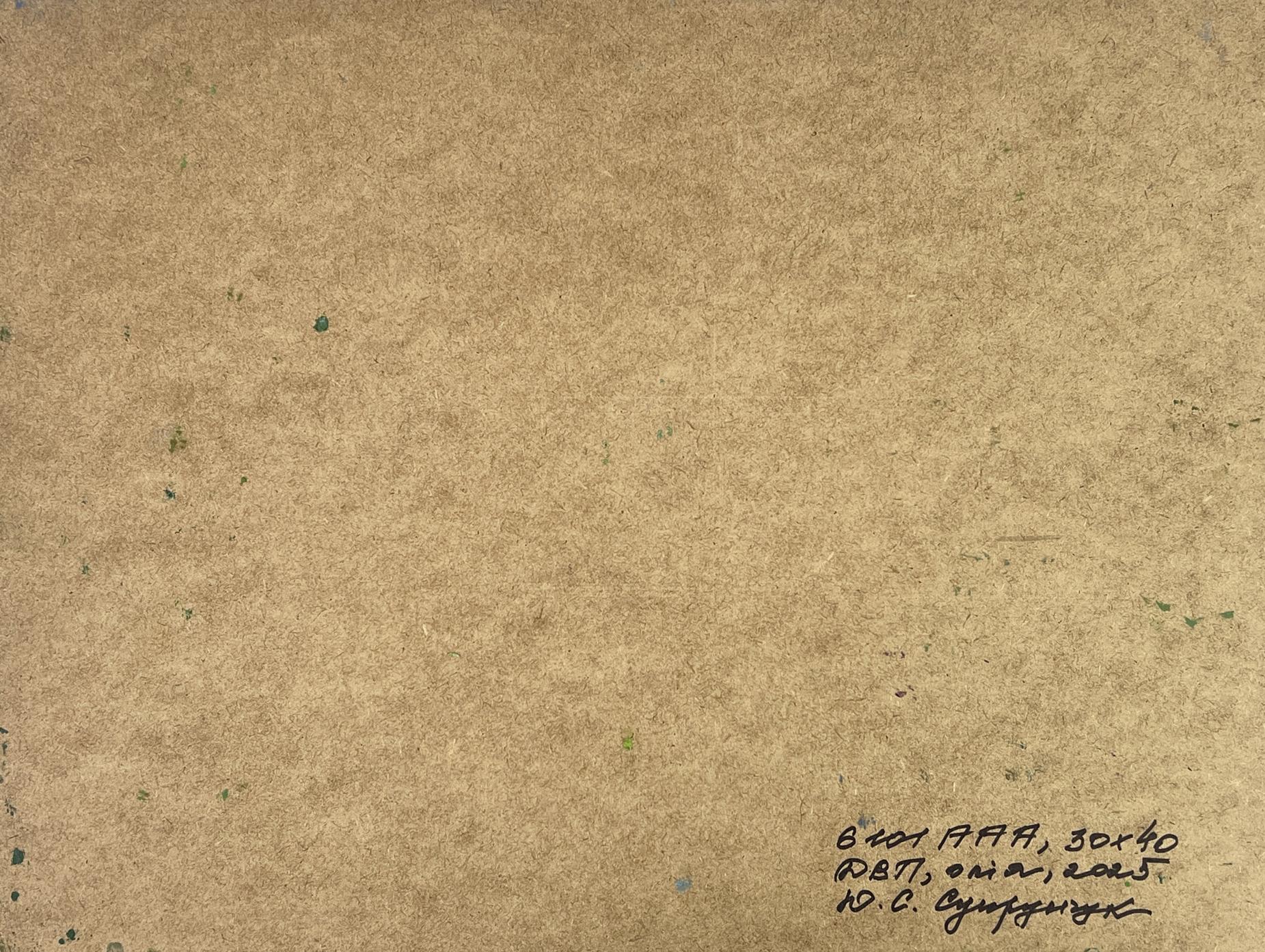 Back of Oil painting A walk among the birches by Yuriy Suprunchuk with brown textured paper and handwritten Cyrillic script