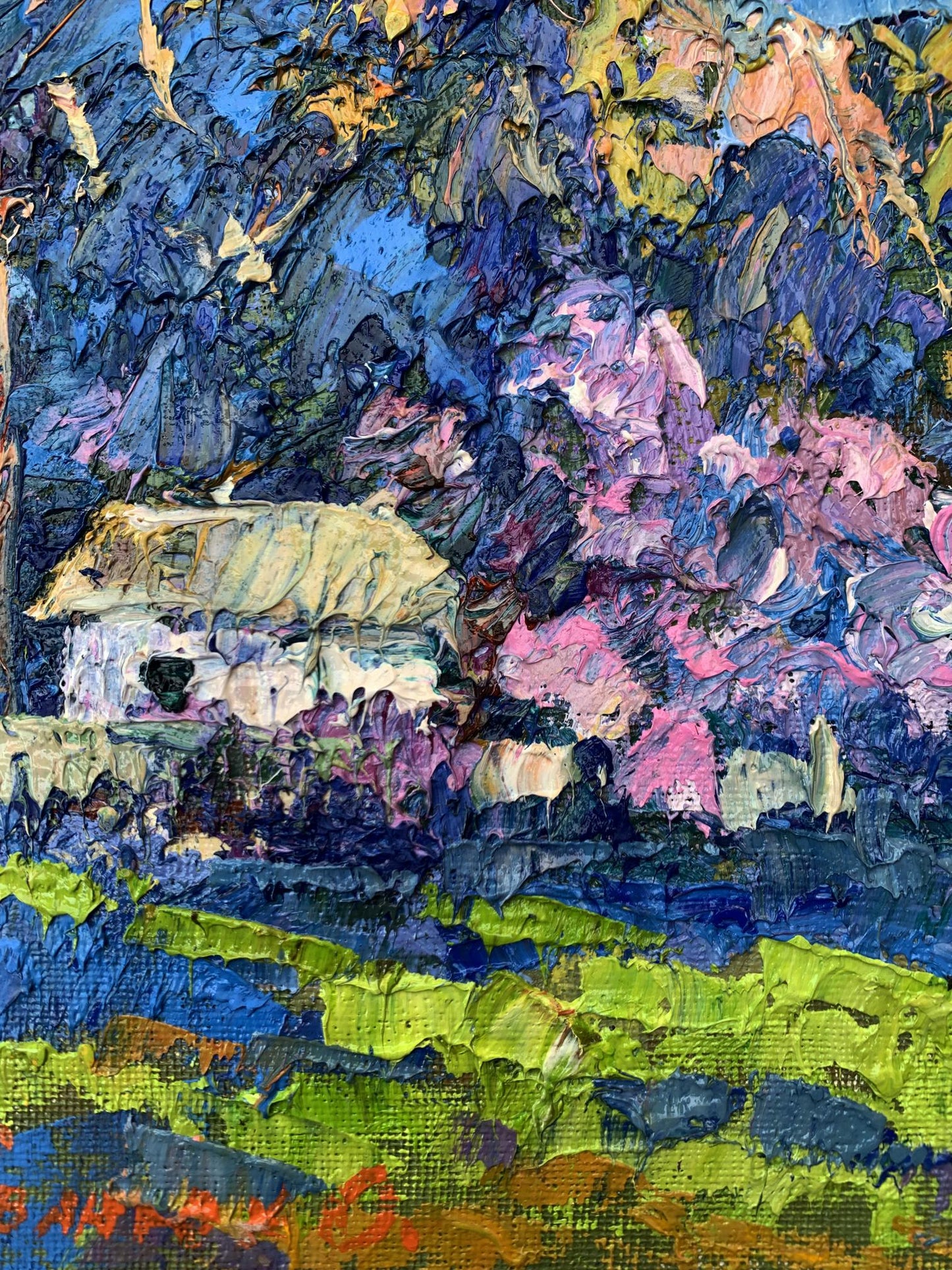 Oil painting Morning walk by Oksana Ivanyuk: textured white cottage amid purple blossoms
