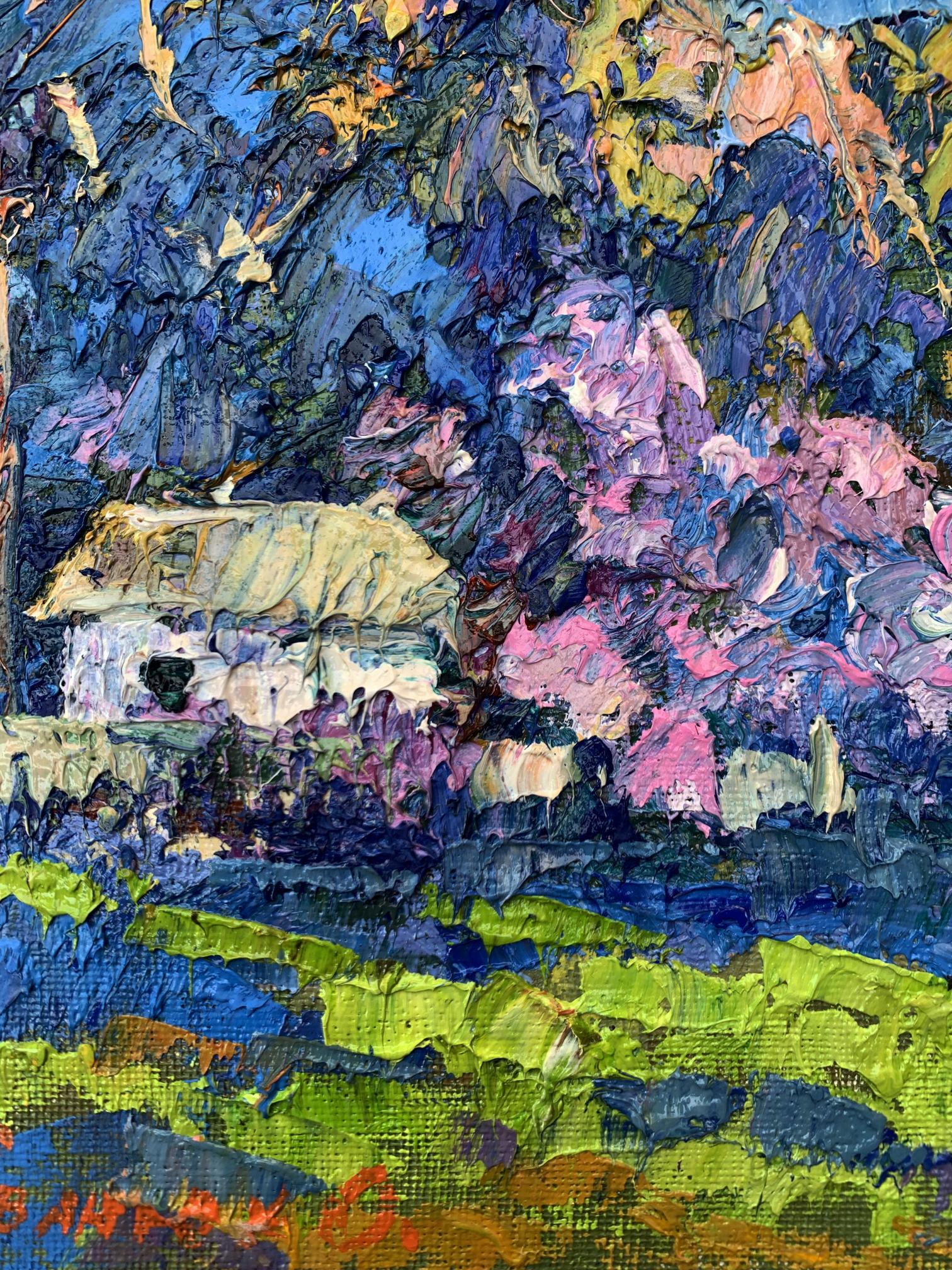 Oil painting Morning walk by Oksana Ivanyuk: textured white cottage amid purple blossoms