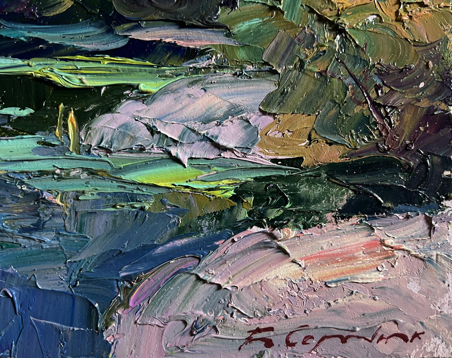 Oil painting Relaxation on the lake by Boris Serdyuk with textured green blue pink brushstrokes