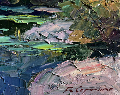 Oil painting Relaxation on the lake by Boris Serdyuk with textured green blue pink brushstrokes