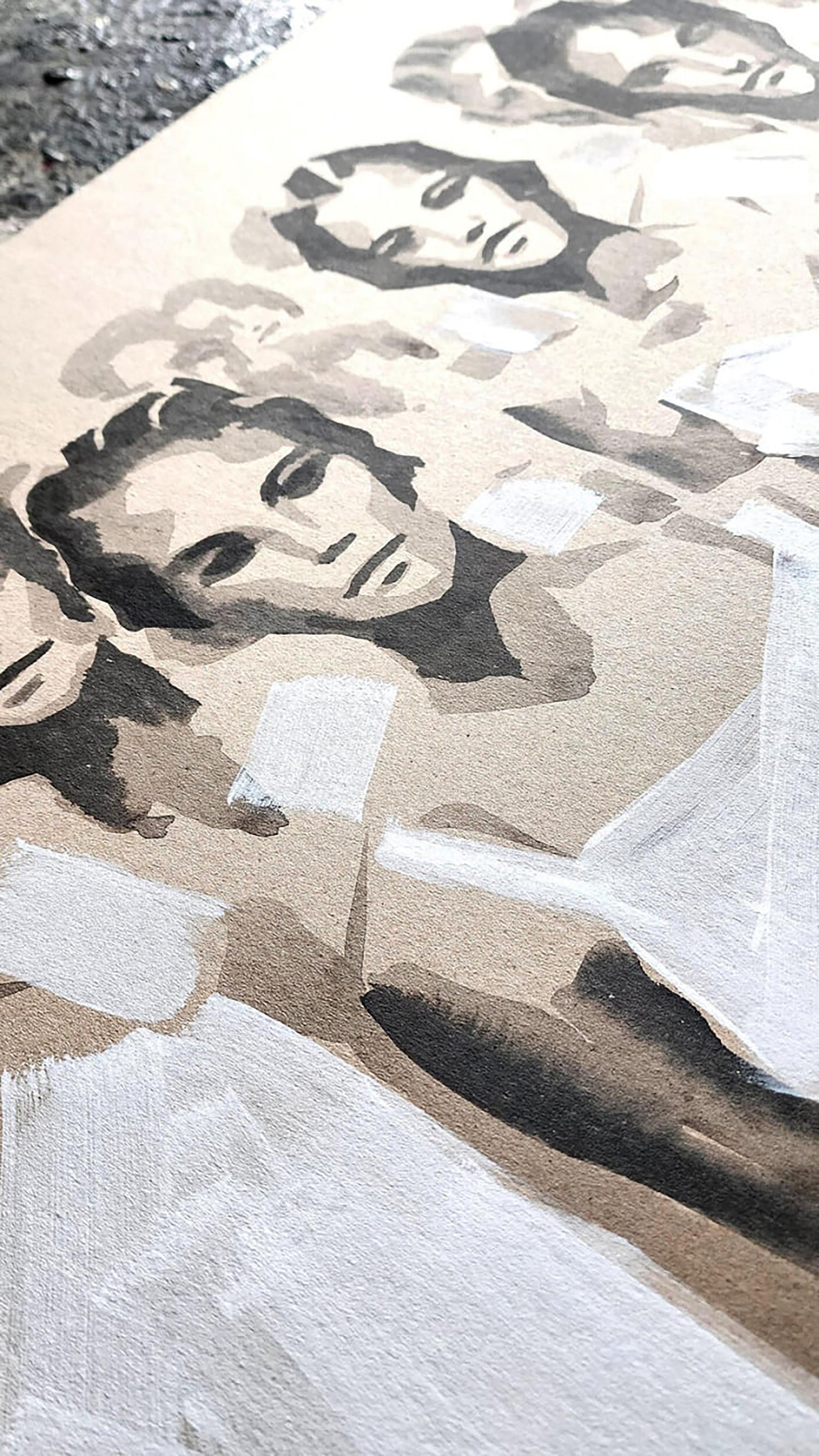 Sepia-toned acrylic painting March by Dima Filatov with textured stylized faces