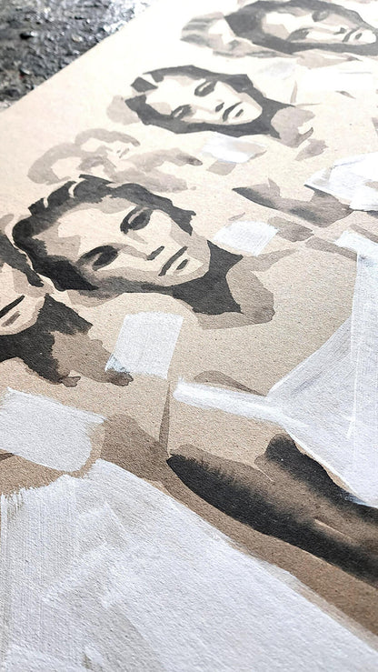 Sepia-toned acrylic painting March by Dima Filatov with textured stylized faces