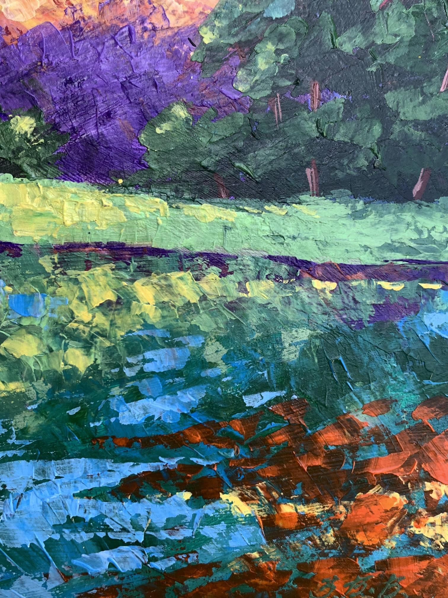 Vibrant impressionist oil painting Sunset behind the trees by V. Zadorozhnya