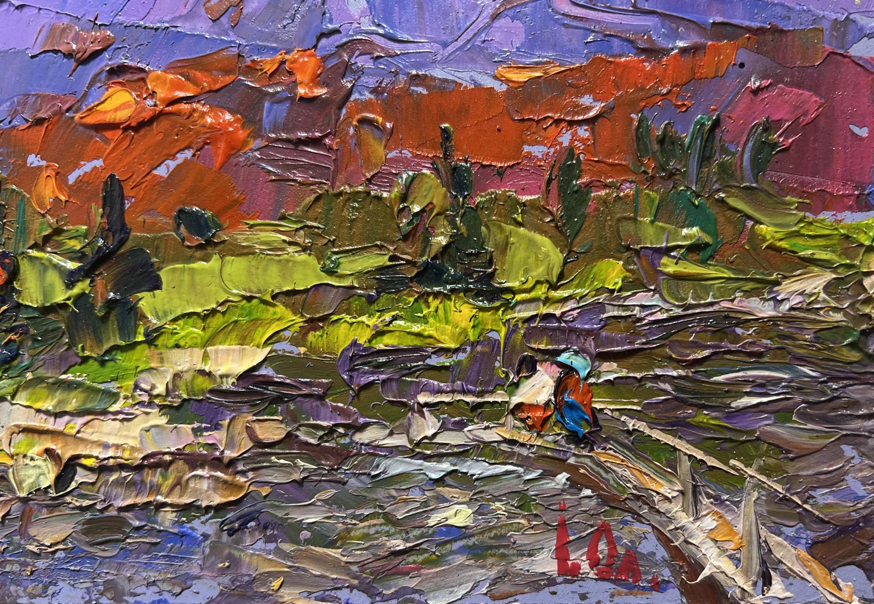 Vibrant Oleksiy Ivanyuk oil painting of fresh mountain stream with green hills, orange-red sky, cacti