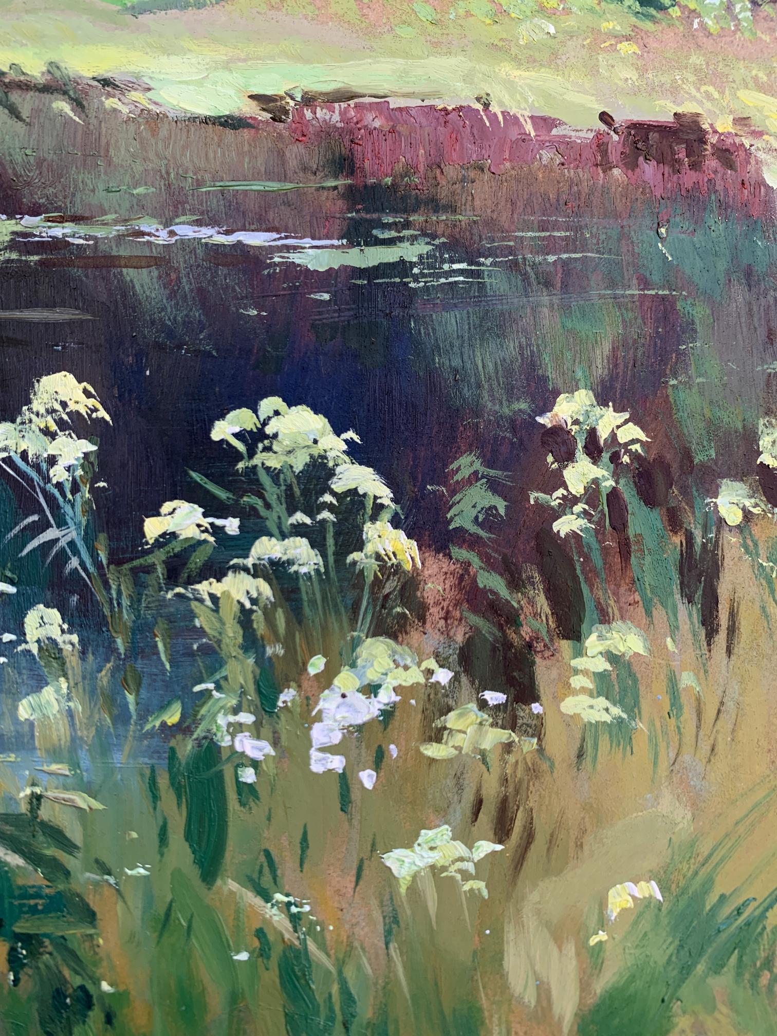 Oil painting of river along forest with wildflowers by Yuriy Suprunchuk