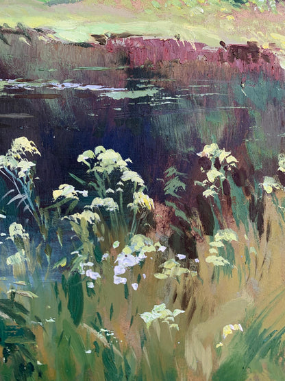 Oil painting of river along forest with wildflowers by Yuriy Suprunchuk