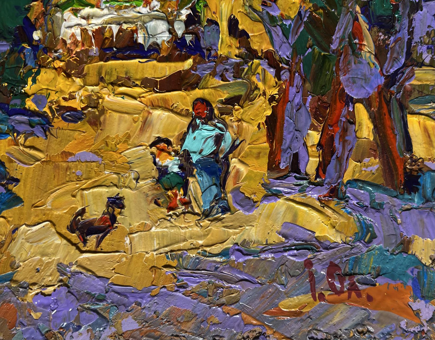 Oil painting Alley in the autumn park by Oleksiy Ivanyuk, woman and child