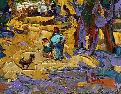 Oil painting Alley in the autumn park by Oleksiy Ivanyuk, woman and child