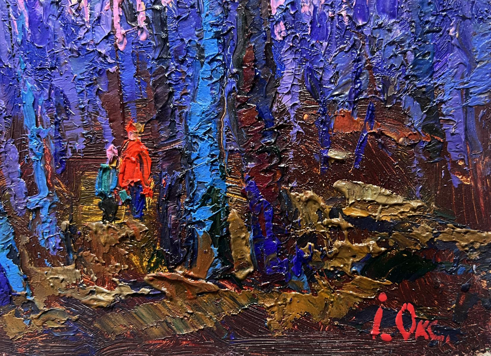 Vibrant oil painting of frosty forest with figures in orange coat and green by Oksana Ivanyuk