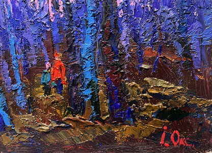 Vibrant oil painting of frosty forest with figures in orange coat and green by Oksana Ivanyuk