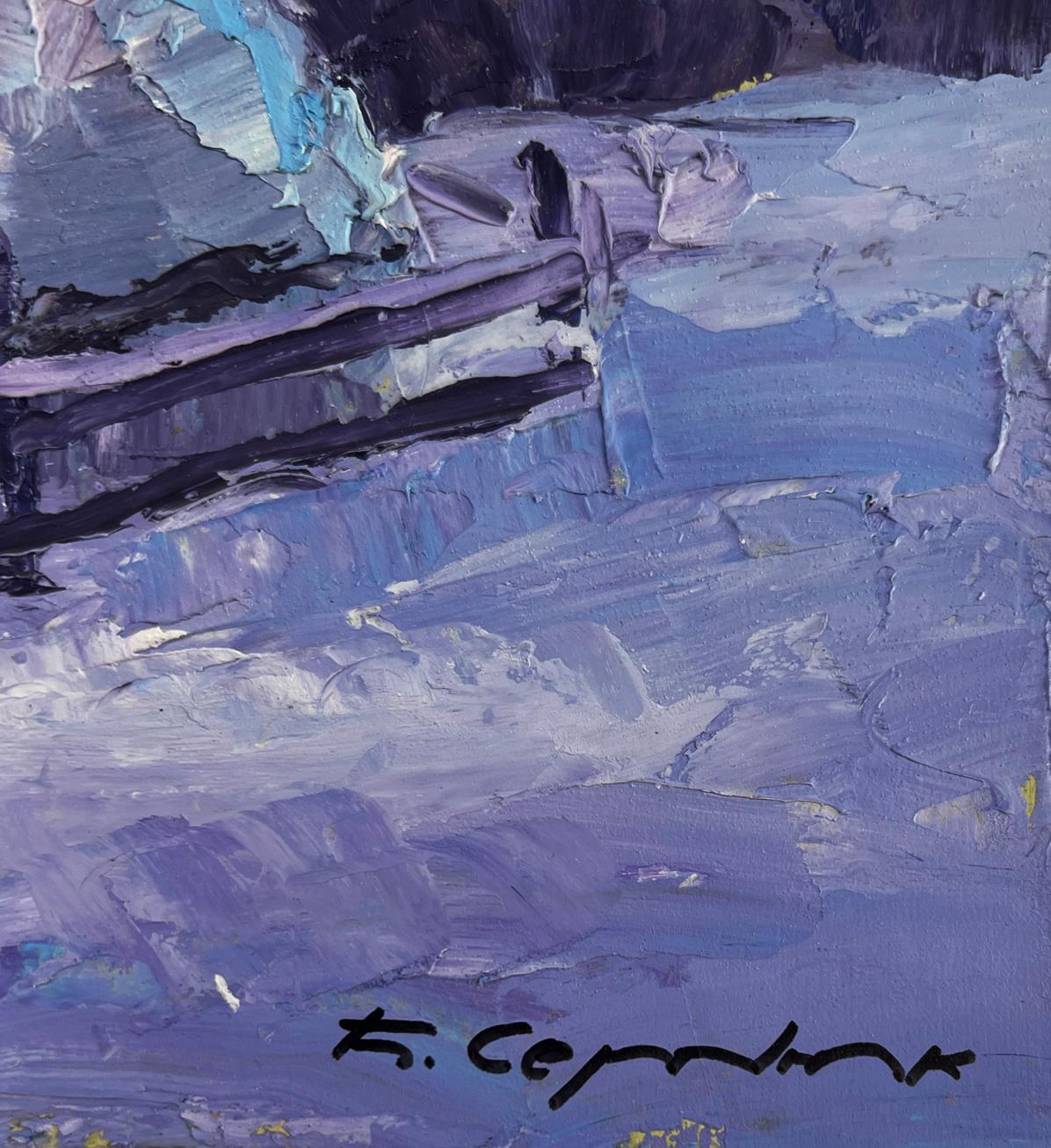 Oil painting The Silence of the Fields After Work by Boris Serdyuk, textured blue purple black abstract