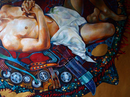 Surreal oil painting Overcoming the Singularity by Konsta G. Amelinn: nude figure on gears