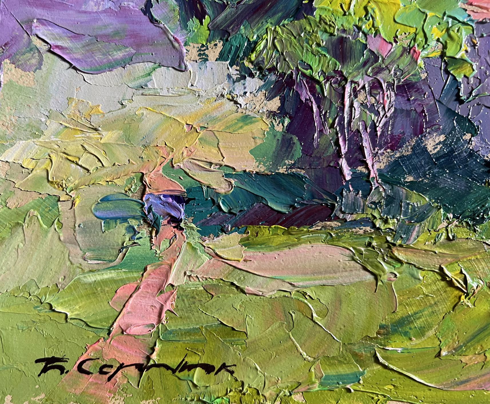 Oil painting Cherry blossom by Boris Serdyuk with green purple impasto