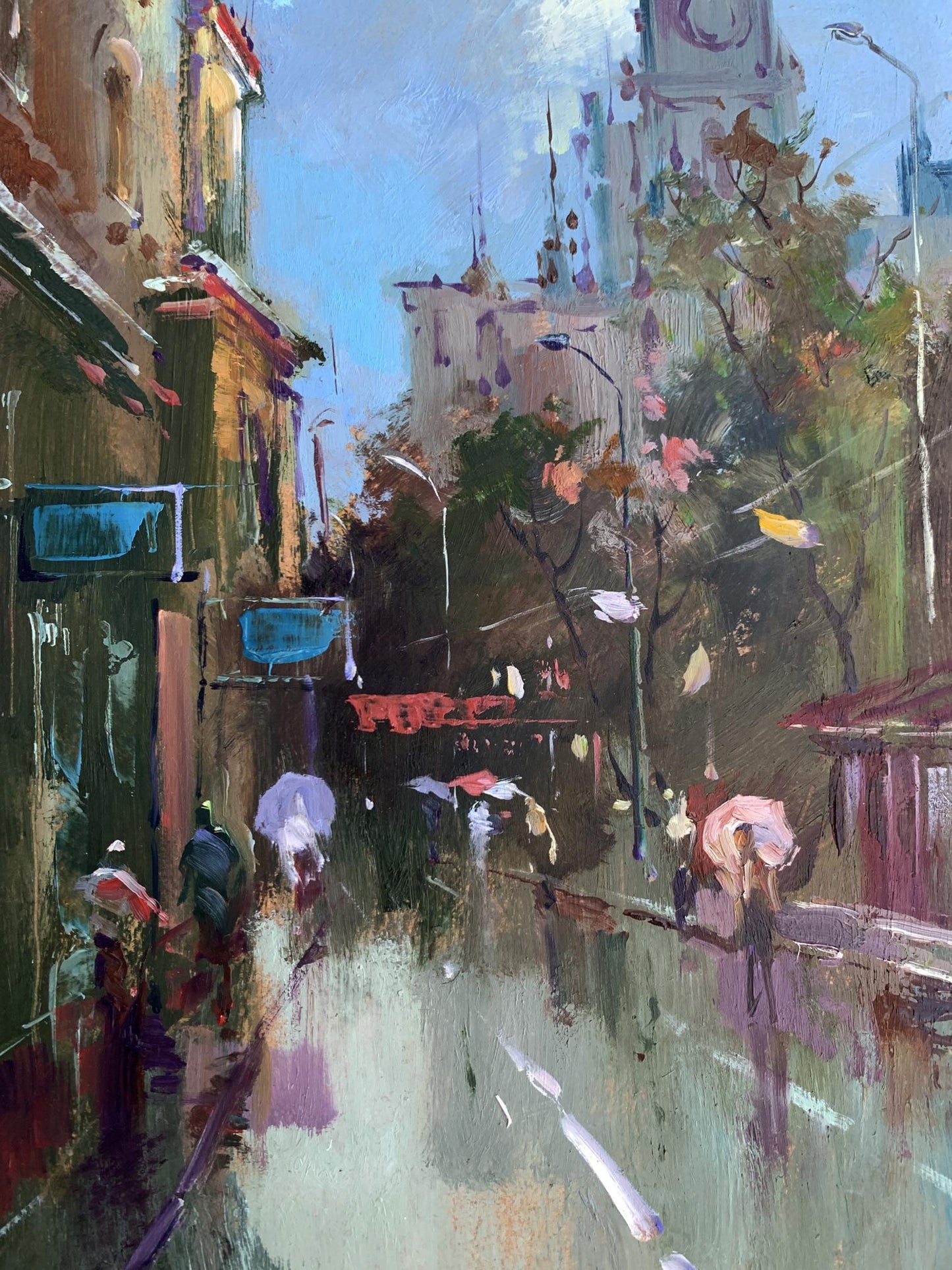 Vibrant impressionist oil painting City Bustle by Yuriy Suprunchuk, rainy street