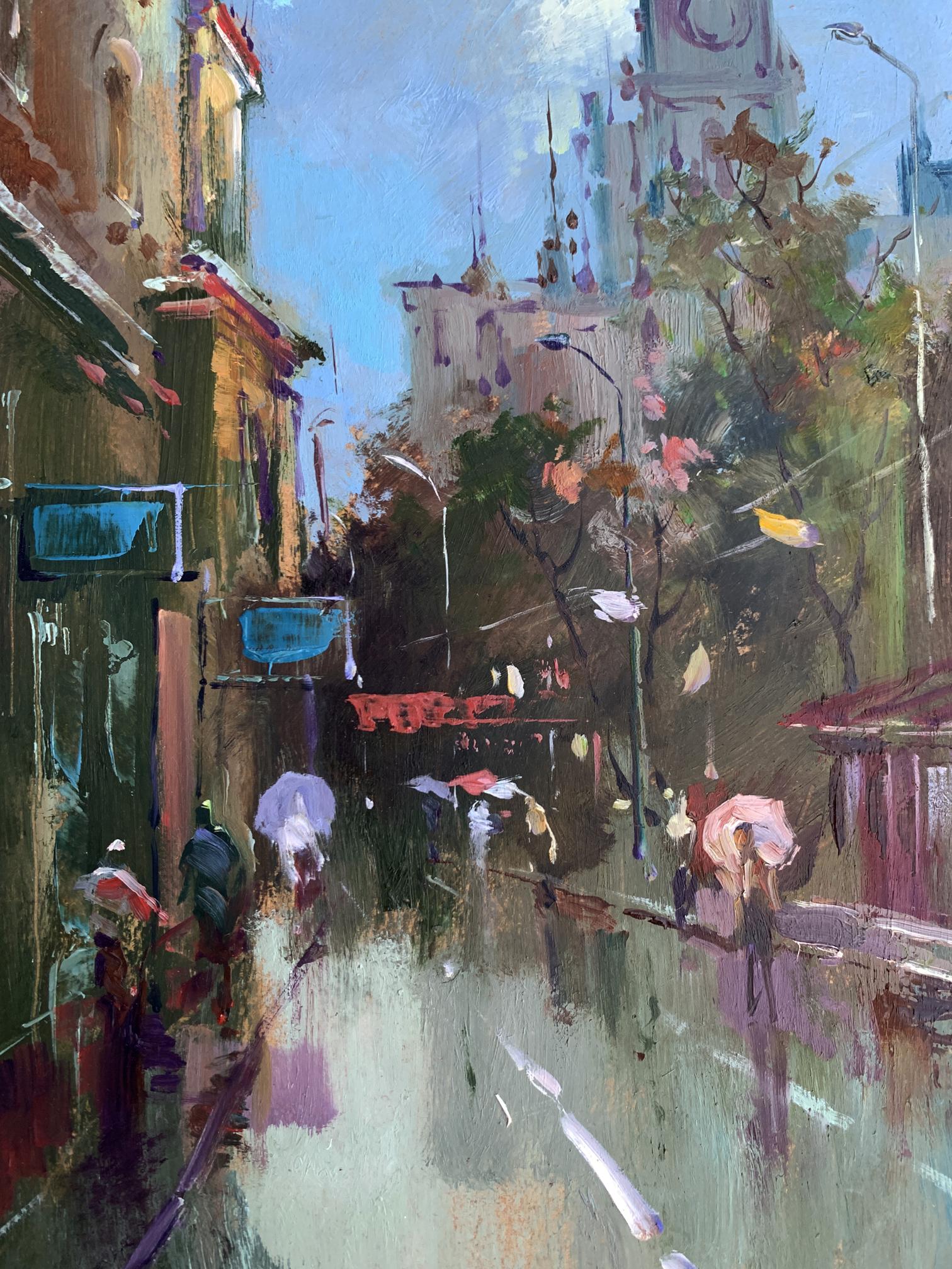 Vibrant impressionist oil painting City Bustle by Yuriy Suprunchuk, rainy street