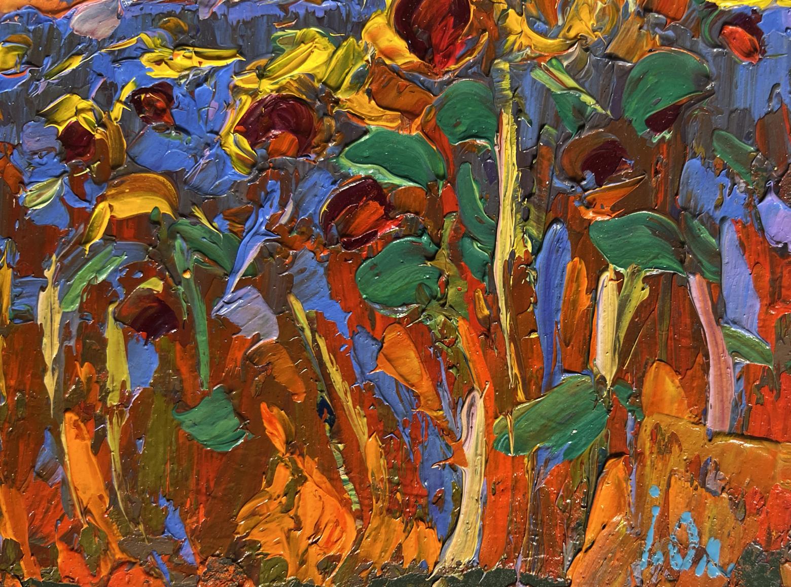 Vibrant impressionist oil painting of yellow sunset over sunflowers by Oleksiy Ivanyuk