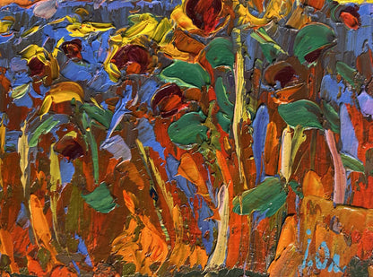 Vibrant impressionist oil painting of yellow sunset over sunflowers by Oleksiy Ivanyuk