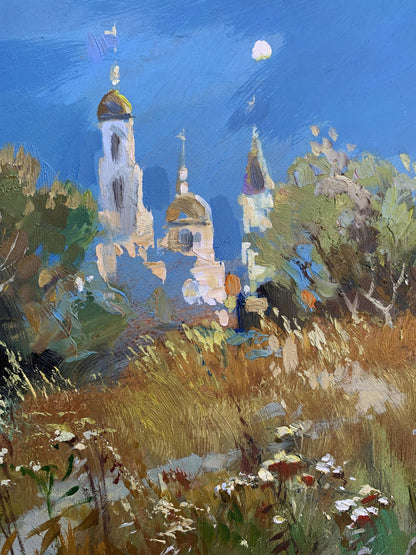 Moonlit impressionist oil painting by Yuriy Suprunchuk of golden-domed churches